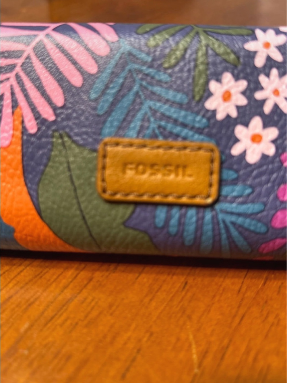 Fossil Navy Floral Multicolor Glasses Case with Tan Logo Patch